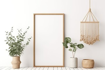 Interior poster mockup with vertical wooden frame on empty white wall decorated with plant branch and hanging macrame pot. A4, A3 size format. 3D rendering