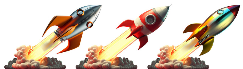 A collection of launched rockets isolated on clear PNG background, made of precious metal. Successful start concept.