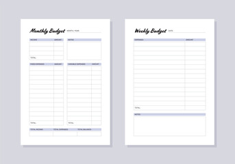 Monthly and weekly budget planners. Printable templates for keeping track of personal budget.