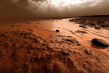 Wall Mural - space expedition for colonization mars. water in soil of mars. martian landscape. the surface of red