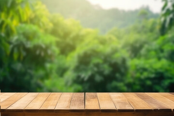 Wall Mural - Empty wooden table with blurred natural green background. Wooden planks with space for product design. Created with Generative AI