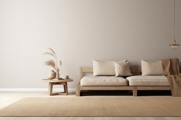 Wall Mural - Living room interior mockup in wabi-sabi style with low sofa, jute rug and dried grass decoration on empty warm neutral wall background. 3d rendering