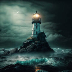 Lighthouse on an isolated rock illuminating the sea at night made with generative AI 