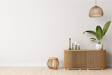 Wall Mockup In Living Room Interior With Wooden Slat Curved Furniture, Trendy Green Snake Plant In Basket And Wicker Lantern On Empty White Background. 3D Rendering