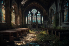 Abandoned Church With Stained-glass Windows. Generative AI