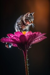 Poster - A tiny cat balancing on the tip of a bright pink flower. Generative AI.