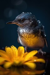 Poster - A tiny penguin balancing on the tip of a bright yellow flower. Generative AI.