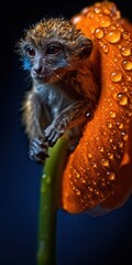 Wall Mural - A tiny monkey hanging from the tip of a bright orange flower. Generative AI.