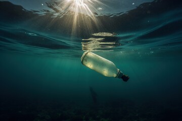 Wall Mural - Plastic bottles diving in sea. Generative AI.