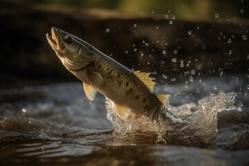 Walleye fish jumping out of river water. Generative AI.