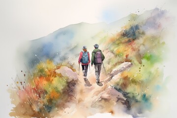 Wall Mural - A couple goes on a hike. Generative AI.