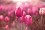 Fototapeta Tulipany - Różowe tulipany, wiosenne kwiaty. Pole tulipanów