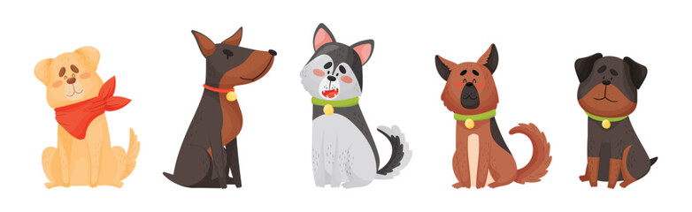 Sticker - Cute Dog Puppy with Collar as Domestic Pet Vector Set