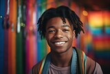 Fototapeta Uliczki - Young transgender man smiles and looks at camera. Colorful background. Generative AI