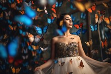 Beautiful Brunette Woman Wearing Shiny Dress Surrounded By Butterflies In The Room. Generative AI Vertical Shot