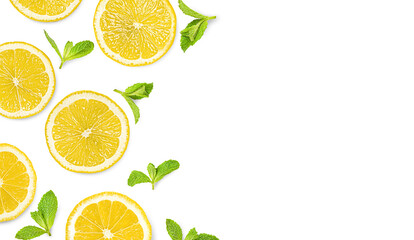 Sticker - lemon slices and mint leaves on a white isolated background, top view