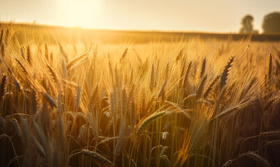 Wall Mural - Beautiful ears of wheat in the bright light of summer sun. Dry ripe corn ready for harvesting. Close up. Generative AI.