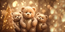 Three Bears For Christmas. Golden Background. Bokeh. Wallpaper. Banner. Copy Space. Generative AI