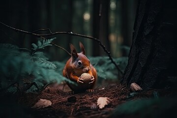 Wall Mural - cute squirrel with a nut in its paws in the midst of a lush forest. Generative AI Generative AI