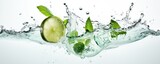 Fototapeta Kuchnia -  a lime with leaves and water splashing on it's surface.  generative ai