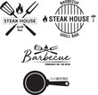 © Mercedes Fittipaldi - Juego de logotipos de barbacoa. Icono o etiqueta de barbacoa. Grill, asador, bar, restaurante. Vista de frente. Vector