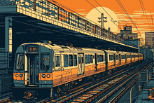 Pop Art Style Of A City Train Station With A Sleek Train. Generative AI