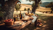 Outdoor rustic table with cheese, wine and olive oil in an italian scenery. food. traditional food. picnic. Table with plates and bottles. Italian landscape. Cheese platter. Generative AI