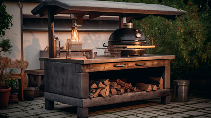 Wall Mural - Outdoor kitchen with beautiful cooking grill with burning fire. Generative AI