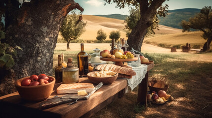 Outdoor rustic table with cheese, wine and olive oil in an italian scenery. food. traditional food. picnic. Table with plates and bottles. Italian landscape. Cheese platter. Generative AI