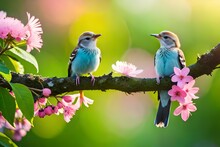 Birds Sitting On The Flowers 