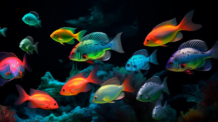 Wall Mural - Colorful fishes in the aquarium. Generative AI