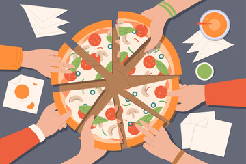 Hands take pizza. Fast food and Italian cuisine. Lunch break, students in cafe with triangle slices. Advertising poster or banner. Corporate party and event. Cartoon flat vector illustration
