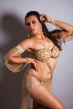Beautiful Brazilian Woman, With Dresses For Belly Dancing, Dancer. Traditional Arabian Traditional Dance Rehearsal.