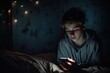 © Kamil - Illustration of a depressed teenager using a smartphone in bed at night - generative ai