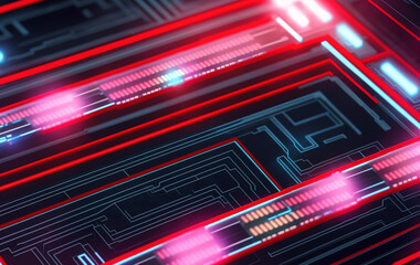 Canvas Print - digital technology background made of circuitry and red neon lights. generative ai