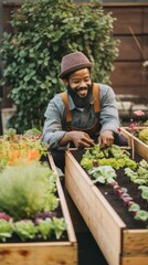 Wall Mural - A man in a hat is tending to a garden. AI generative image.