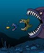 cartoon big fish eat small fish underwater world background