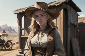 Pretty Blond Cowgirl with Cowboy Hat and Leather Vest Outside Wood Building in Desert Blue Sky Matte Painting Generative AI Illustration