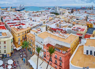 Canvas Print - Aerial view of old town and Cadiz port, Spain