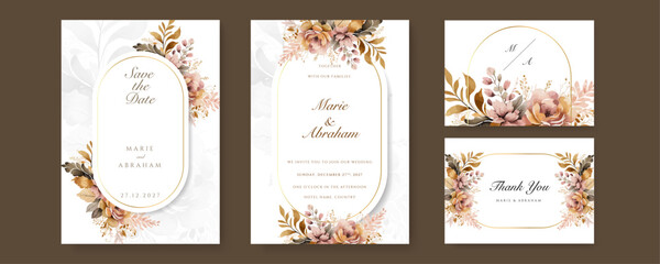 Fototapete - Pink rose floral flower beautiful hand drawn wedding invitation card watercolor