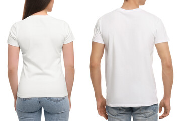 Wall Mural - people wearing casual t-shirts on white background, back view. mockup for design