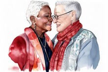 Affectionate Elderly Interracial Lesbian Couple Illustration [Generative AI]