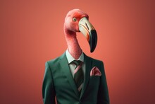 Anthropomorphic Pink Flamingo Dressed In A Suit Like A Businessman. Business Concept. AI Generated, Human Enhanced