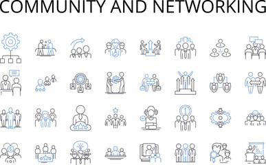 Community and networking line icons collection. Society, Group, Association, Neighborhood, Tribe, Faction, Fellowship vector and linear illustration. Club,Guild,Clan outline signs set