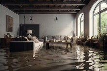 Flooded Living Room House Interior. Home Insurance Concept. Generative Ai Generative AI