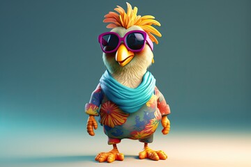 Wall Mural - Cute Cartoon Chicken  wearing Colorful Vacation Clothes (Generative AI)