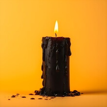 burning black candle melting isolated on yellow studio background, made with generative ai