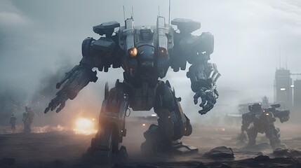 mech attacking, digital art illustration, generative ai