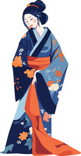 Illustration Of Portrait Japanese Geisha In Kimono Dress, Japan Woman In Traditional Clothes. Vector Illustration On  Isolated Background
