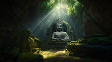 Closeup Of An Asian Buddha Statue In A Cave In The Jungle

